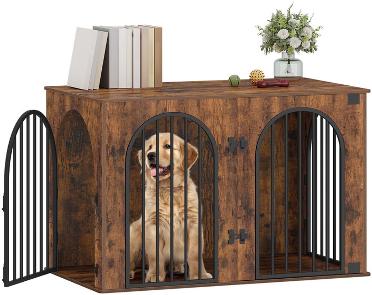 Hzuaneri 108 cm Hondenbench, meubel, hondenbox, 3 deuren, gebogen deur, moderne hondenboxs binnen voor honden, bijzettafel, hondenkooi voor thuis, robuuste hondenbox, 108 x 64 x 76 cm, Vintage Bruin