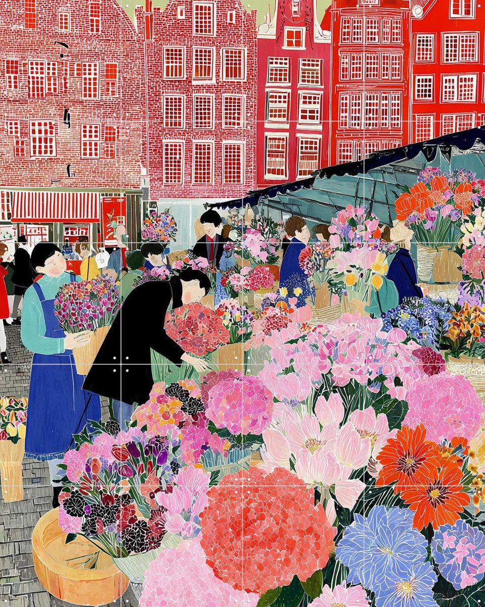 IXXI Bloemenmarkt, Artclaud - 80 x 100 cm - Gratis ophangtool - Grote wanddecoratie en posters - Kleurrijk, Street art, Modern, Speels, Eetkamer