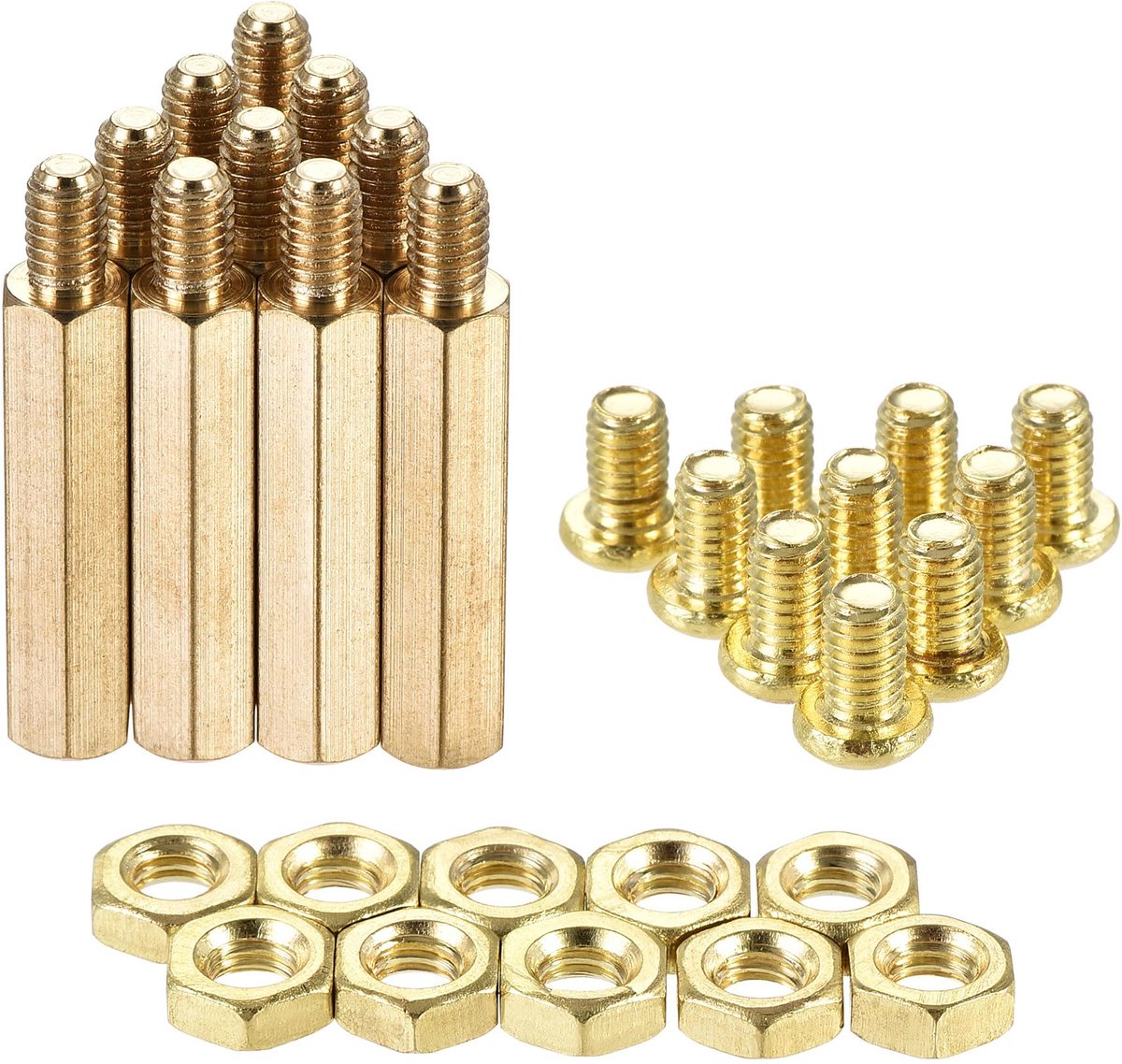 sourcing map M4 zeskant messing afstandhouder afstandhouder 25 mm + 6 mm mannelijk vrouwelijk met schroefdraadschroeven en moeren tas voor PCB moederbord computer printplaat 10 sets