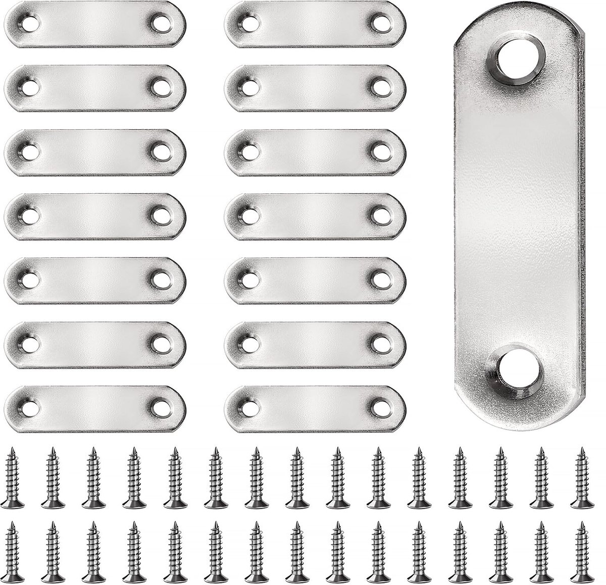 15 Stuks 56x16x2 mm Platte Rechte Steun Beugel, Roestvrijstalen Platte Plaat Beugels, Herstellende Verbindingsplaten, met 30 Stuks Schroeven, voor Meubels Hout