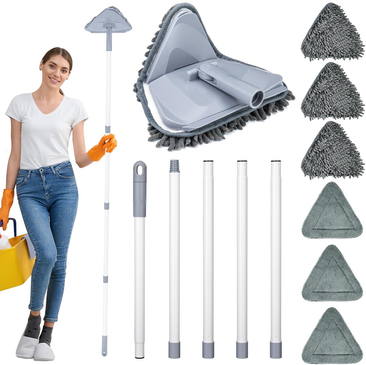 Dweil, plafondreiniger gereedschapsstofdoek met 200 cm lange steel, grijze raamreinigingsapparatuur, opvouwbare dweil met 6 vervangende microvezel chenillepads voor geschilderde