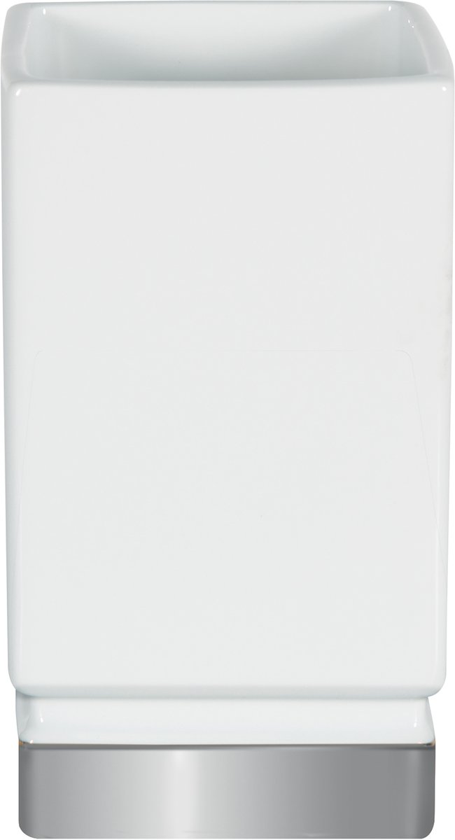 Spirella Tandenborstelhouder Porselein – Tumbler Badkamer Beker Wit en Zilver – 7 x 6,5 x 12 cm