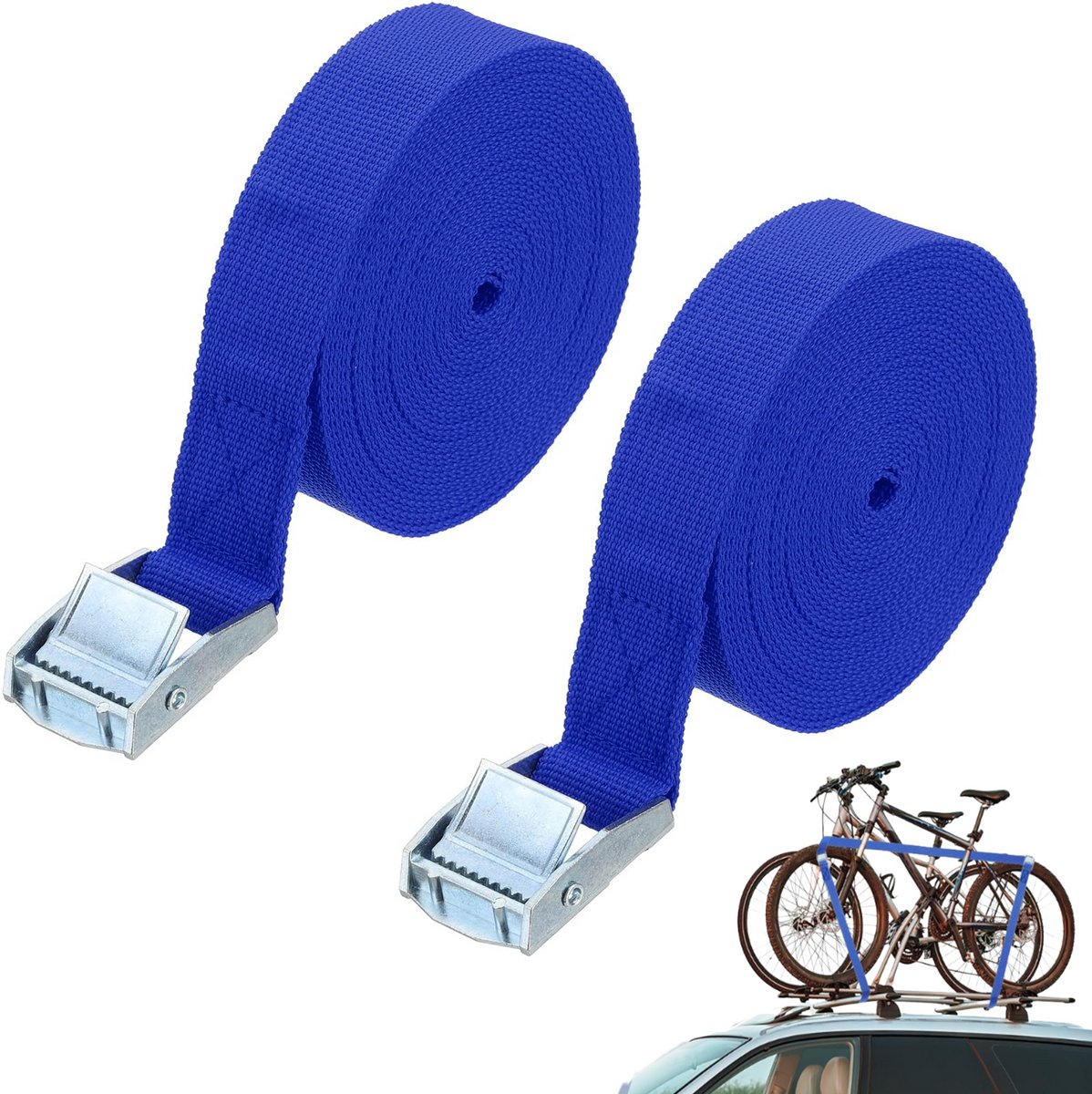 2 stuks - Spanbanden - Banden met gespen - Drukknoopbanden - Bagagedragerbanden - Verstelbare, extra sterke bevestigingsbanden - 25 mm x 6 m - Donkerblauw - Geschikt voor vracht, kajaks en fietsen
