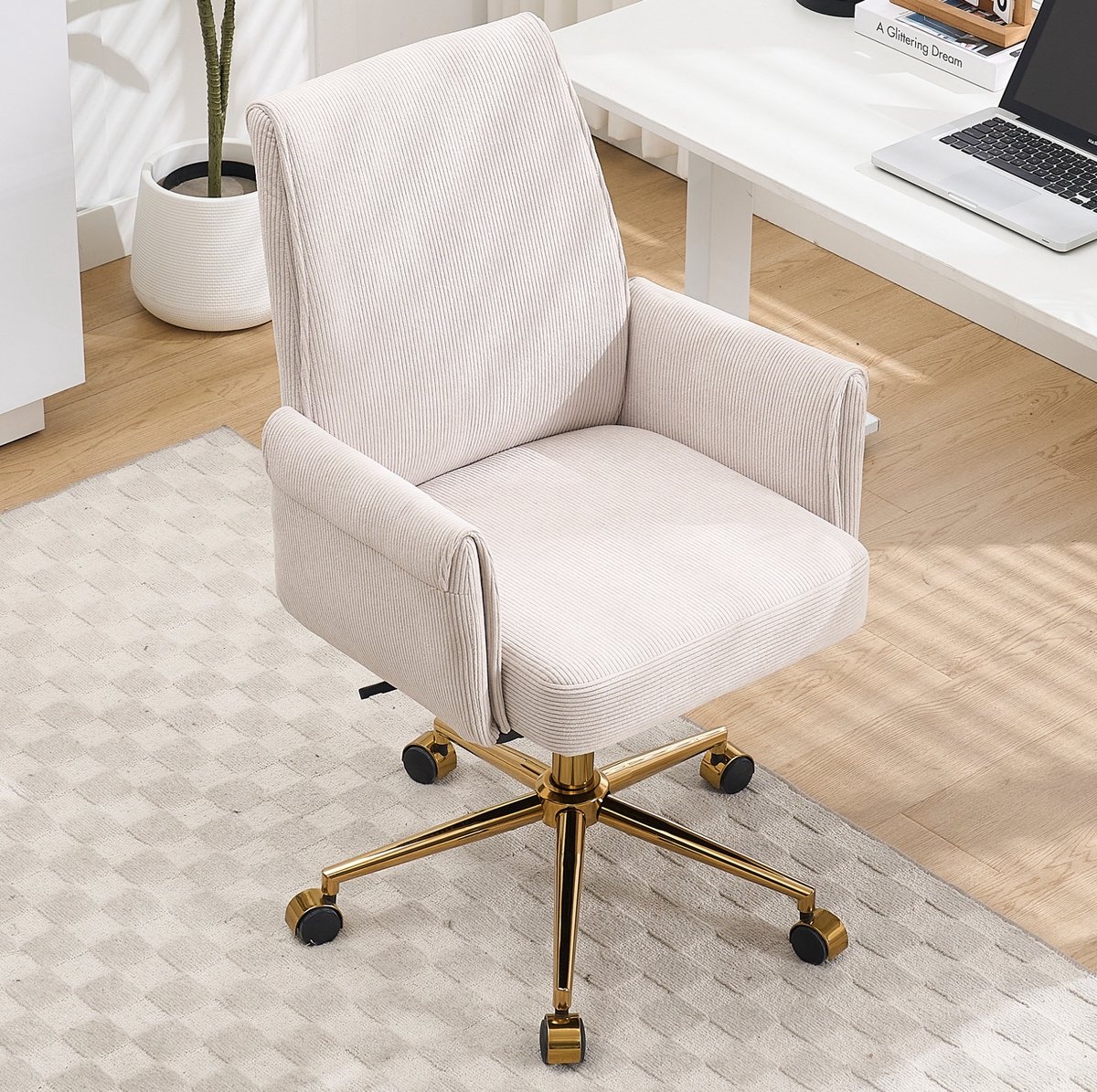 REDOM - Bureaustoel - Verstelbaar in hoogte - Middenhoge rugleuning - Met armleuningen en wielen - Ergonomisch - Werkplek - Ribstof - Wit - 63 x 65 x 99 cm