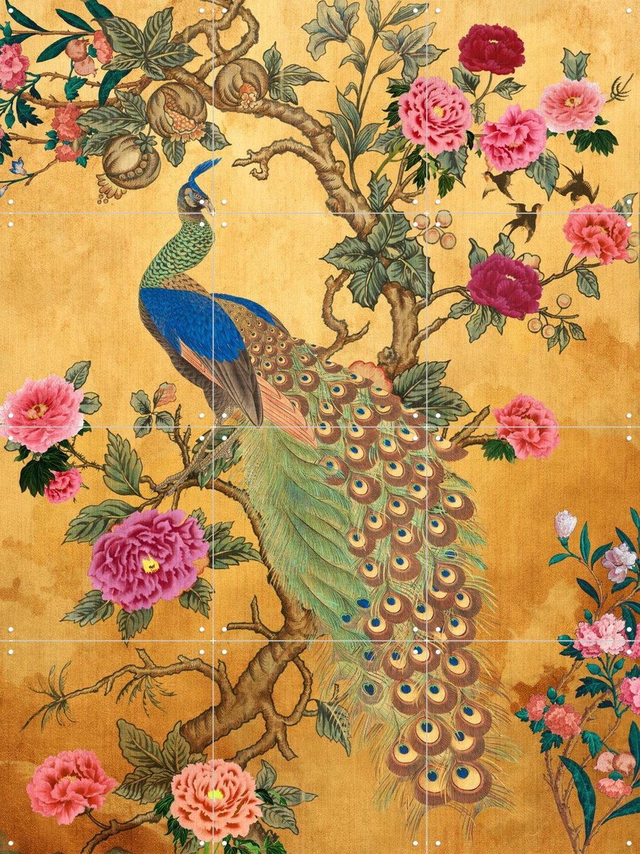 IXXI Japanese Peacock and Cherry Blossom, Bloomery Decor - 60 x 80 cm - Gratis ophangtool - Grote wanddecoratie en posters - Klassiek, Trap