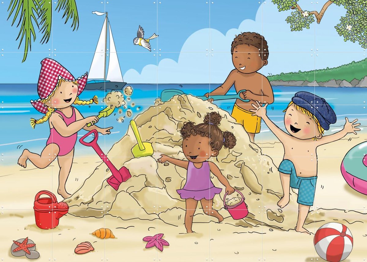 IXXI Fien & Teun spelen op het strand, Fien & Teun & Van Hoorne Studios - 140 x 100 cm - Gratis ophangtool - Grote wanddecoratie en posters -