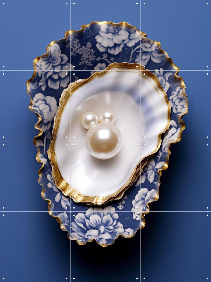 IXXI Delft Blue Flower Pattern Oyster with Gold and Pearls, OTTI - 60 x 80 cm - Gratis ophangtool - Grote wanddecoratie en posters - Klassiek