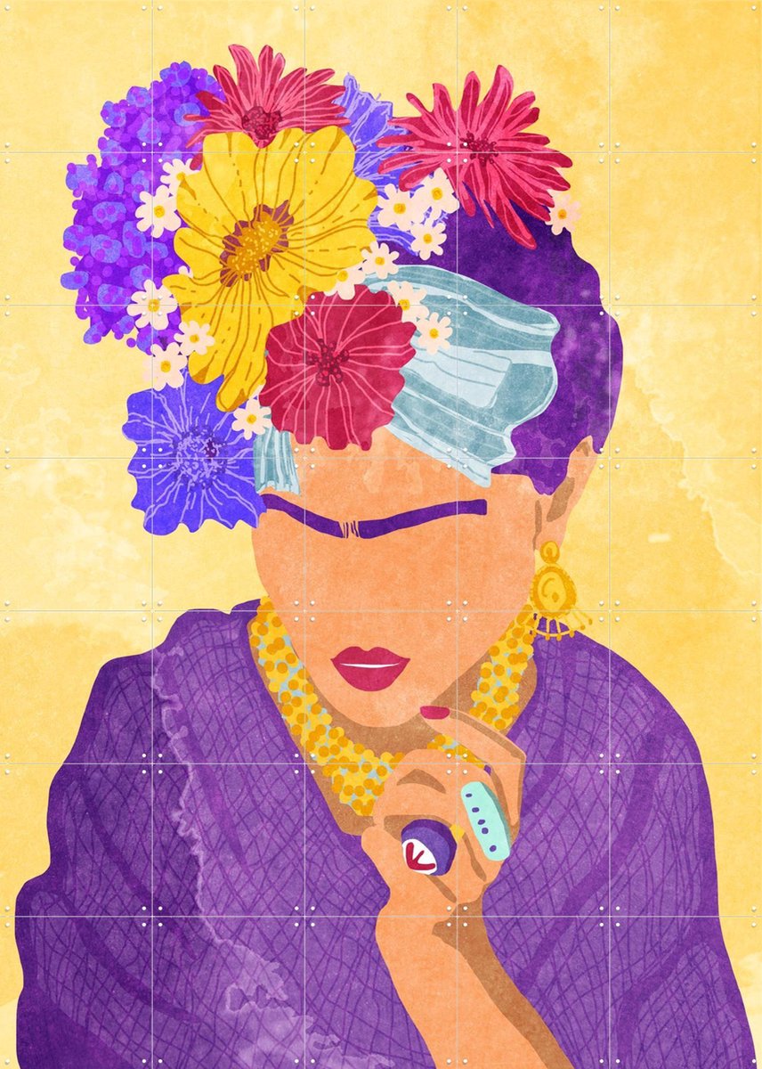 IXXI Frida and Flowers, Raissa Oltmanns - 100 x 140 cm - Gratis ophangtool - Grote wanddecoratie en posters - Speels, Kleurrijk, Modern, Slaapkamer