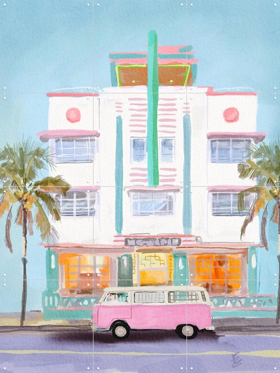 IXXI Ocean Drive, Ekaterina Zagorska - 60 x 80 cm - Gratis ophangtool - Grote wanddecoratie en posters - Retro, Speels, Schilderijen, Slaapkamer