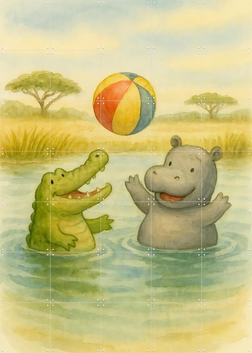 IXXI Nijlpaard en Krokodil Spelen Bal, Natalie Bruns - 100 x 140 cm - Gratis ophangtool - Grote wanddecoratie en posters - Kleurrijk, Fantasierijk