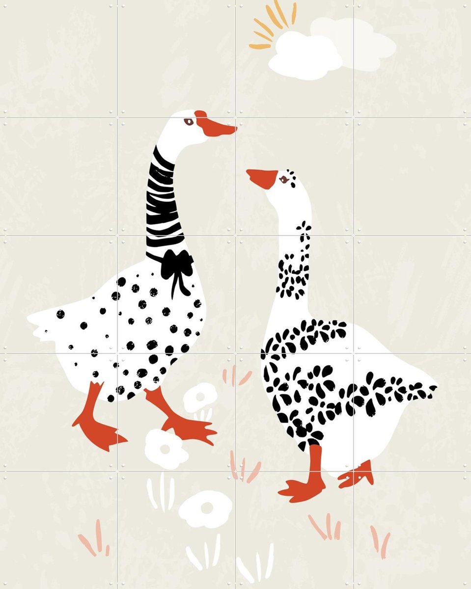 IXXI Two Goose Friends In The Meadow, Annick & Various - 80 x 100 cm - Gratis ophangtool - Grote wanddecoratie en posters - Digitale Kunst