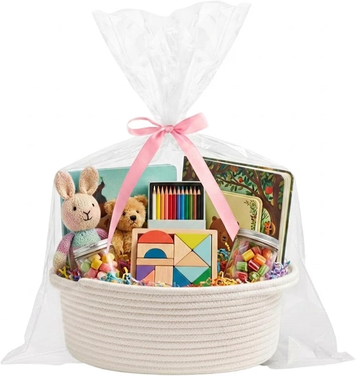 powerking Paasgeschenkmandzakjes met eieren, katoenen touw, eierenjachtemmers met geschenkzakjes en lint voor Pasen, decoratieve eieren voor doe-het-zelf woondecoratie, opbergorganizer, wit