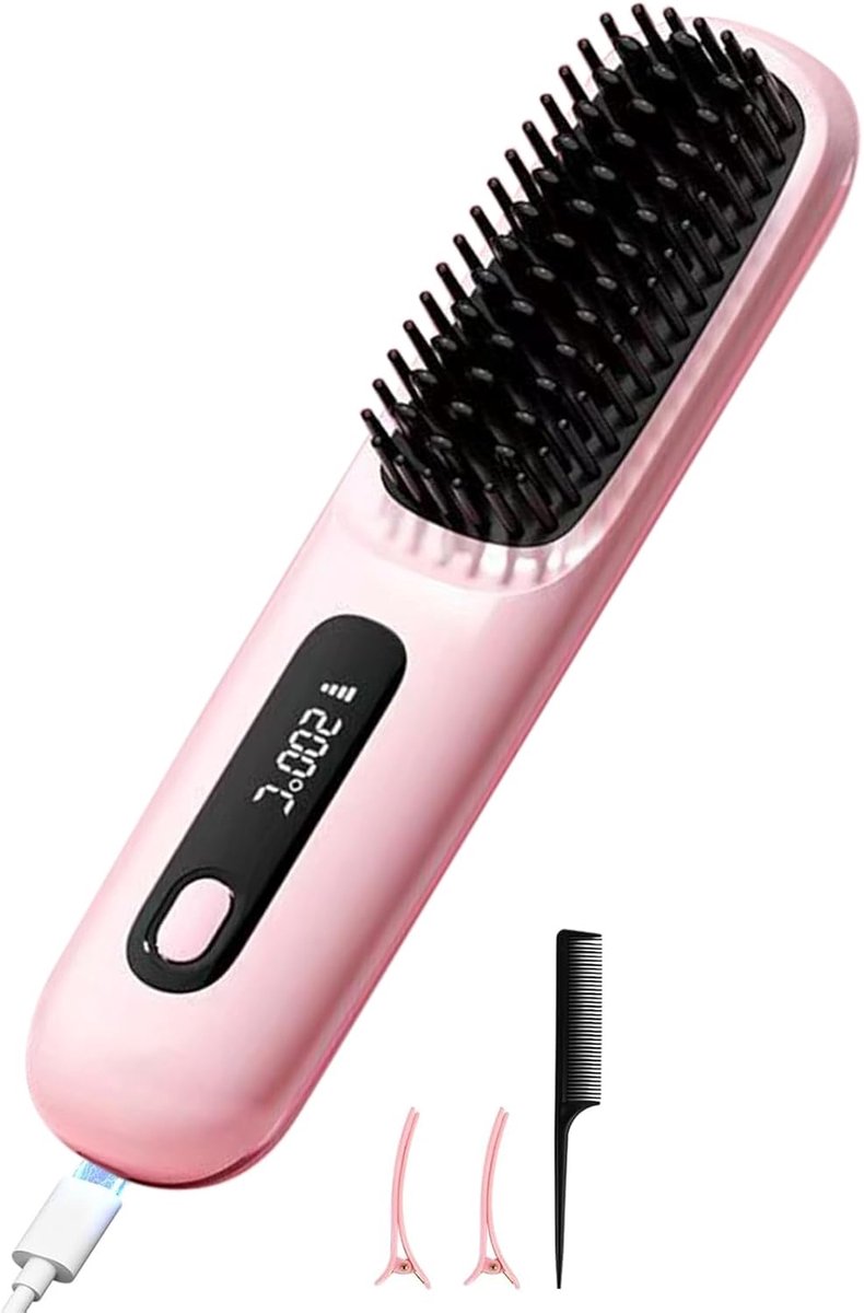Brush Pro, Draadloze stijltangen Heteluchtborstel Negatieve Ionen Hot Comb Stijltang 20s Snelle Verwarming Keramisch & Anti-Brandwonden Ontwerp voor Alle Haartypes USB Oplaadbaar