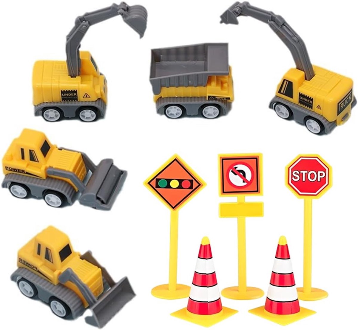 10 stuks minigraafmachine taartdecoratie speelgoed met verkeersborden, bouwplaatsvoertuigen graafmachine taartdecoratie, bouwvoertuigen voor verjaardag