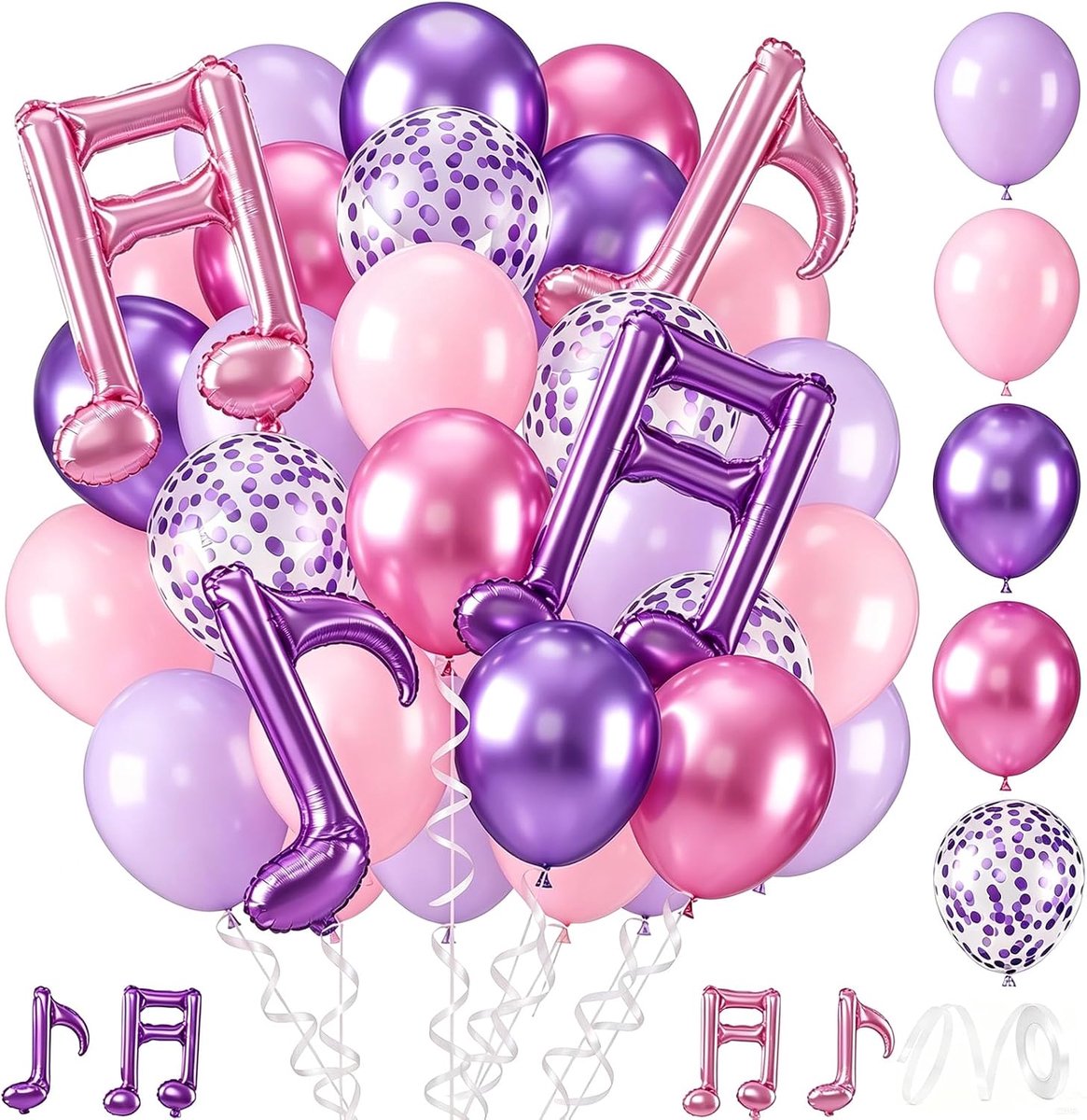 Ballonnen, paars en roze, 35 stuks, aluminium ballonnen, muzieknoten, verjaardagsdecoratie, paars en roze, voor bruiloften, doopfeesten en verjaardagen