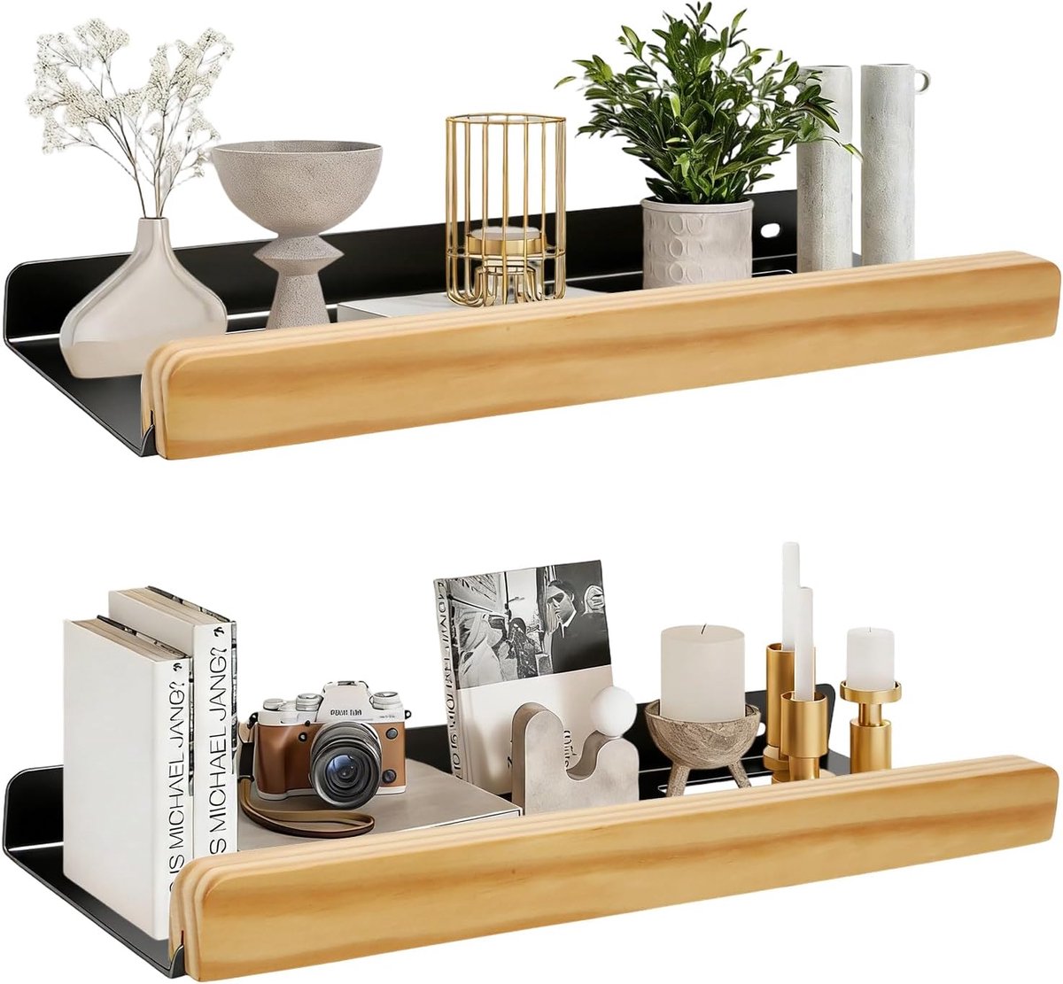 2 stuks wandrek, zwart, 40 cm, houten wandrek, 2 montagemogelijkheden, zwevende wandplanken van metaal, wandplank, roest, voor woonkamer, keuken, slaapkamer, badkamer