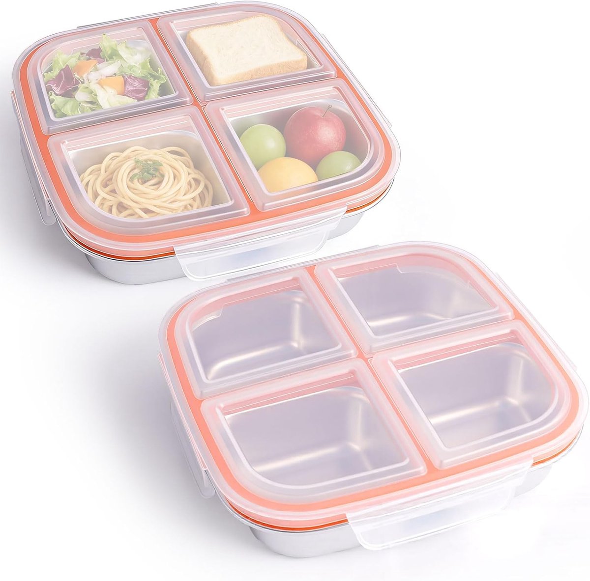lunchbox van roestvrij staal, lunchbox met 4 vakken, lekvrije snackbox met afdichting, BPA-vrij, verdeelde snackboxen voor school, reizen