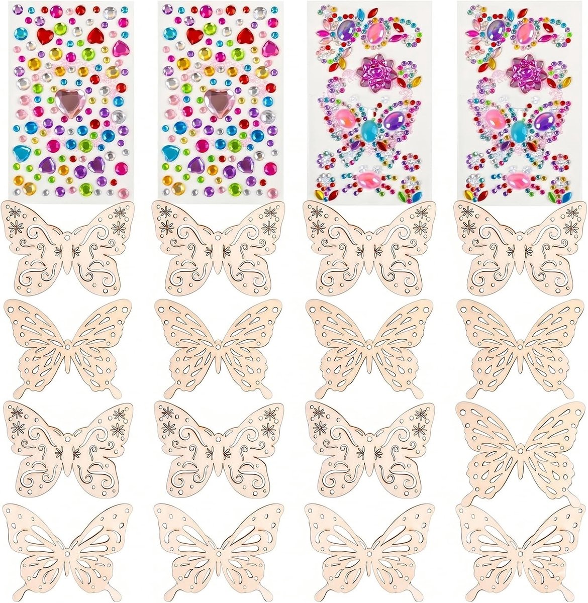 Hout om te knutselen voor kinderen, opengewerkte hangers met diamant- en bloemenstickers, decoratieve vlinders om te beschilderen, decoratie voor Pasen en lente