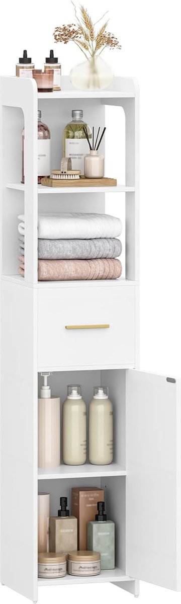 Hzuaneri Badkameropbergkasten, Badkamerkast met Één Deur en Één Lade, Verstelbare Planken, Open Compartiment, Moderne Stijl, 30 × 30 × 138,6 cm, Wit