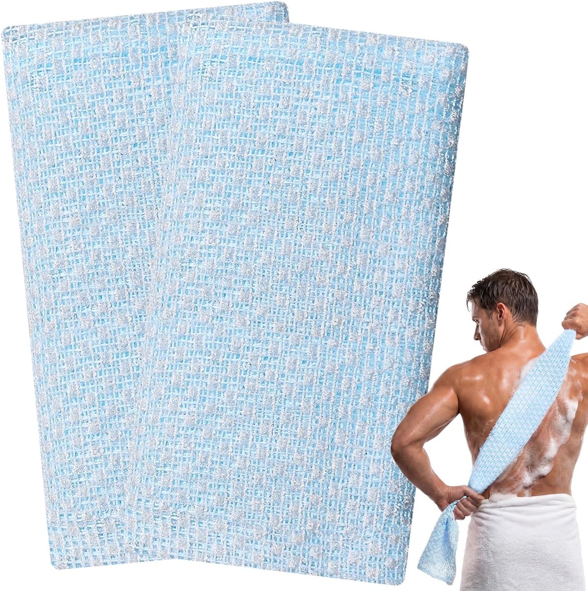 2 Stuks Washanddoek Exfoliërend, Extra Lang Japans Douchehanddoek, Lichaamsscrub voor Dames en Heren, 3D-Textuur (Blauw Ruit)