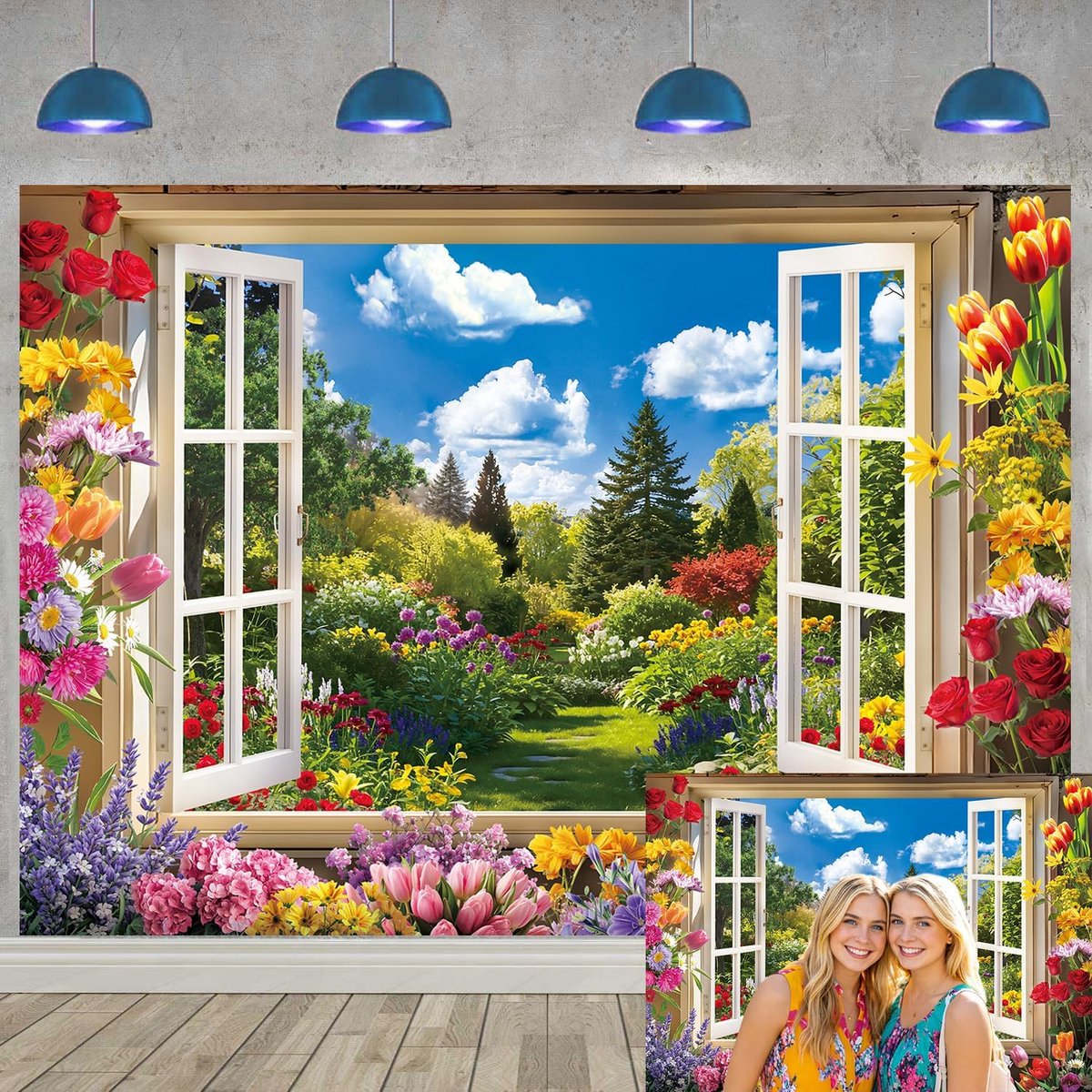 venster fotografie achtergrond lente tuin natuur landschap achtergrond voor bruiloft baby shower verjaardagsfeestje bloemen foto achtergrond (208 x 149 cm)