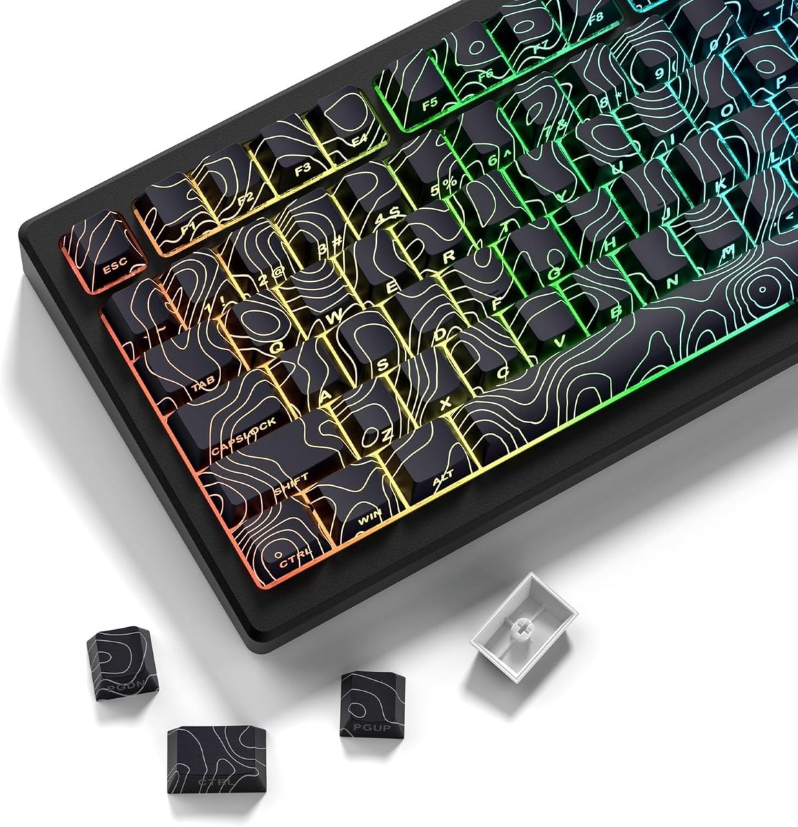 Keycaps, zwarte topografische keycaps 60 75 procent lijnen met achtergrondverlichting, shine-through zijbedrukt Cherry-profiel voor 100%, 75%, 65%, 60% ANSI US-toetsenbord