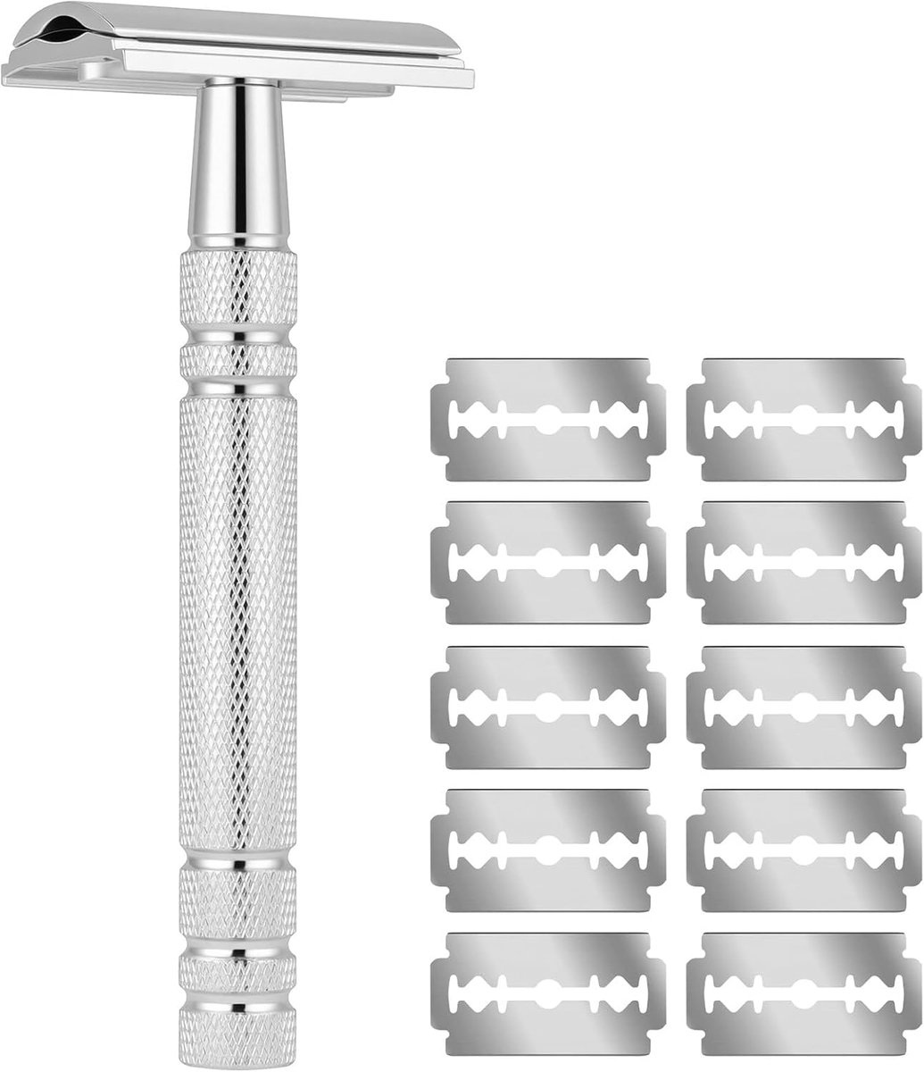 Veiligheidsscheermesje voor dames met 10 reservemesjes, veiligheidsscheermesje voor mannen met antislipgreep, metalen scheermesje veilig & herbruikbaar, voor een zachte & nauwkeurige scheerbeurt