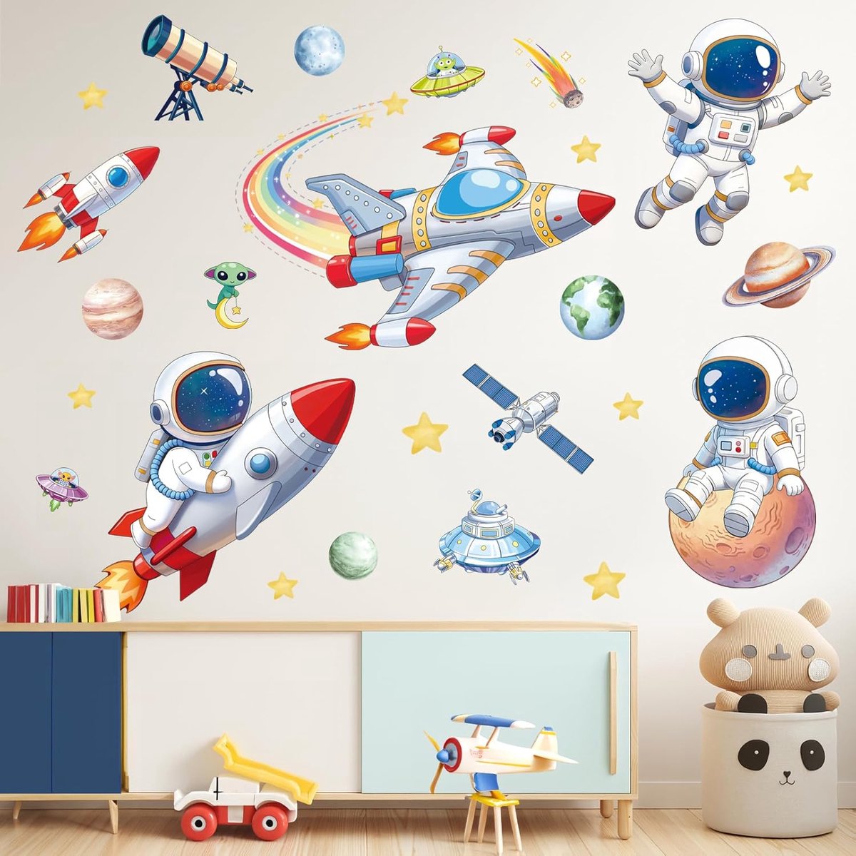 Raket Astronaut Muursticker Peel and Stick, Vinyl Buitenruimte Planeet Muursticker, Muur Decor Kunst voor Baby Kwekerij Kinderkamer Kinderkamer Kinderdagverblijf Speelkamer