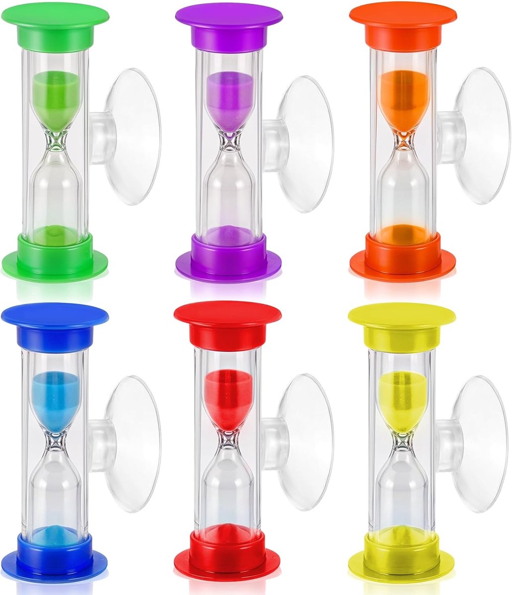 zandloperset, zandloper, tandenpoetsen voor kinderen, zandloper 3 minuten, kunststof tandenborstelhorloge met zuignap, voor keukens, klaslokalen, thuis, tijdmanagement, 6 stuks
