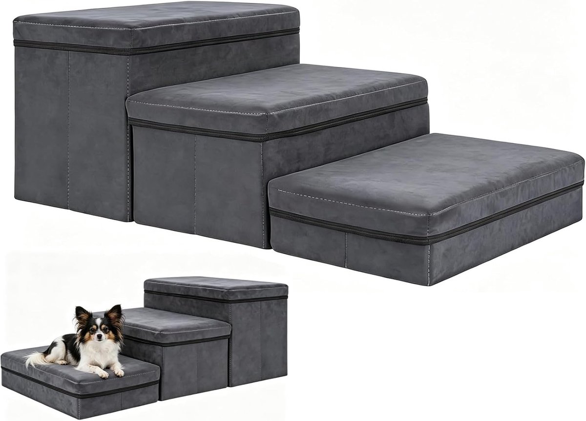 Hondentrap met opbergruimte, opvouwbaar, 3 treden, antislip, brede hondentrap, huisdiertrap voor bed en bank, huisdierladder voor kleine en grote honden en katten (75 × 40 × 30 cm)