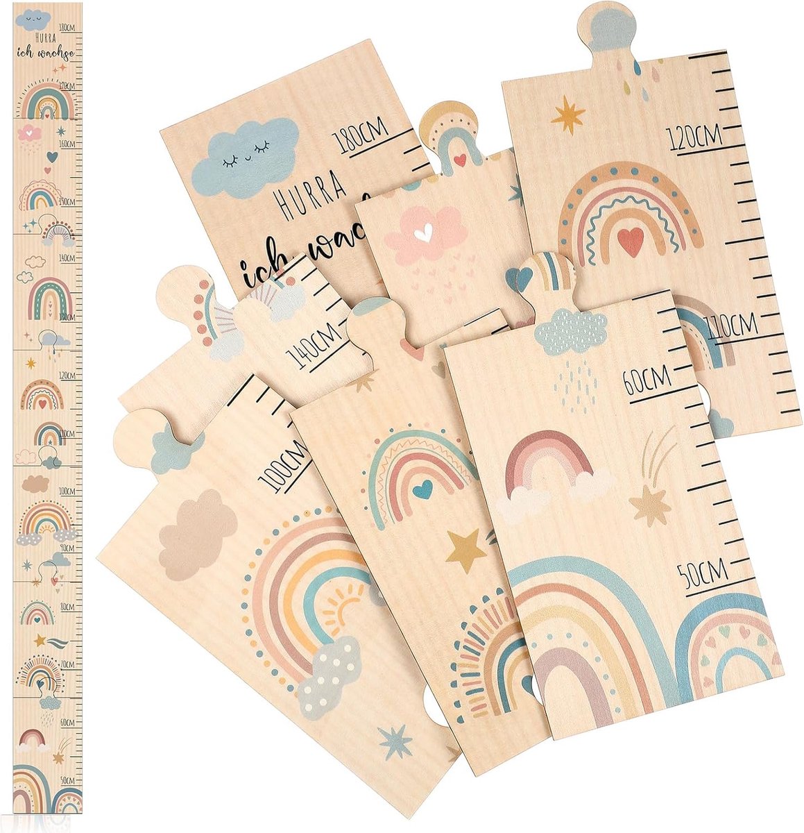 Meetlat voor kinderen, meettabel voor kinderen, meetlat, hout, geboortecadeau, groei, geschikt voor jongens, 50-180 cm (regenboog)