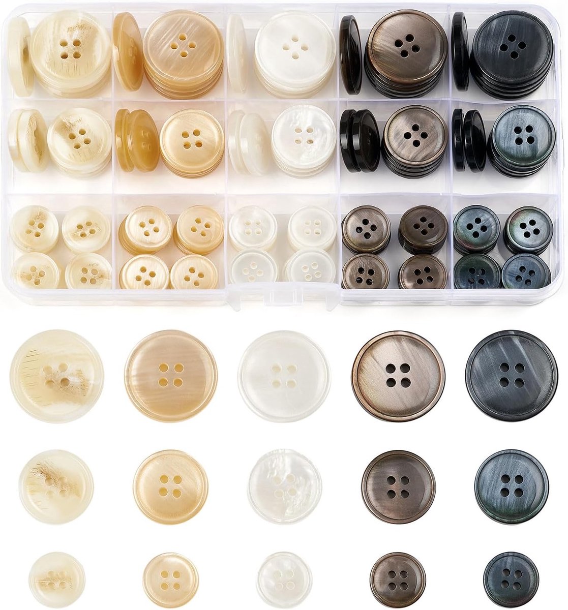 Knopen, 5 kleuren, knopen met 4 gaten, 3 maten (15 mm, 20 mm, 25 mm), naaiknopen voor kleding, geschikt voor doe-het-zelf knutselwerk, jassen, overhemden, broeken, shorts