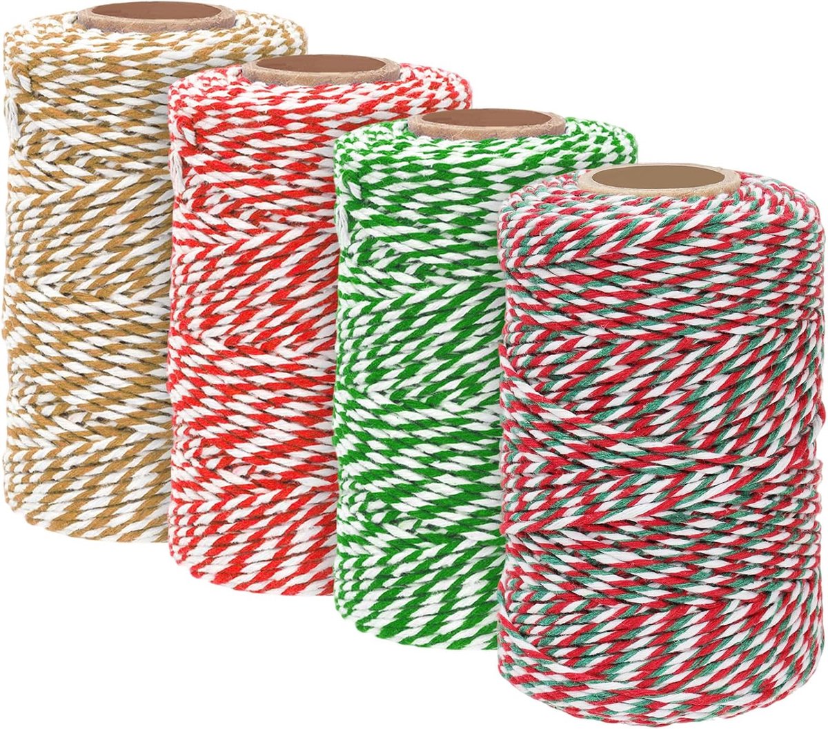 4 Rollen 4 Kleuren 1.5mm × 328 Voeten Katoen Twine String Kit, Rood/Groen/Bruin Gemengd Wit Bakker Twine, String touwen, Gift Twines voor Gift Wrapping, Kerst, Handwerk