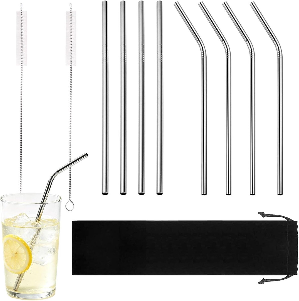 Herbruikbare metalen rietjes 8 stuks - 21,5 cm roestvrijstalen rietjes, 4 rechte + 4 gebogen gekleurde rietjes met katoenen opbergzak, BPA-vrije milieuvriendelijke rietjes voor smoothies, melk (zilver