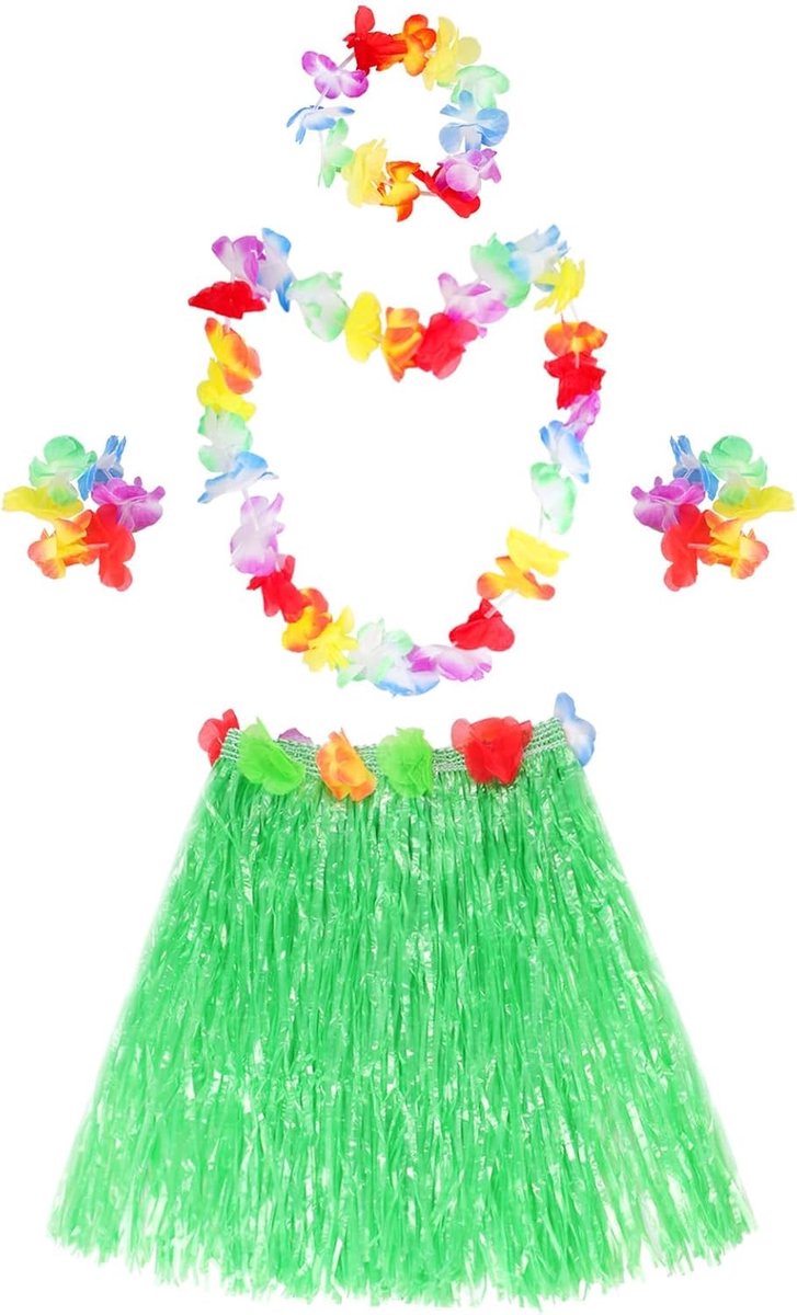 Hawaï-outfit voor dames, Hawaï-hola-set, Hawaï-themafeest, kostuumset, rok, Hawaï-feestkostuum, Hawaï-grasrok met halsketting, armbanden, haarbloemen, grasrokken voor tropische Luau