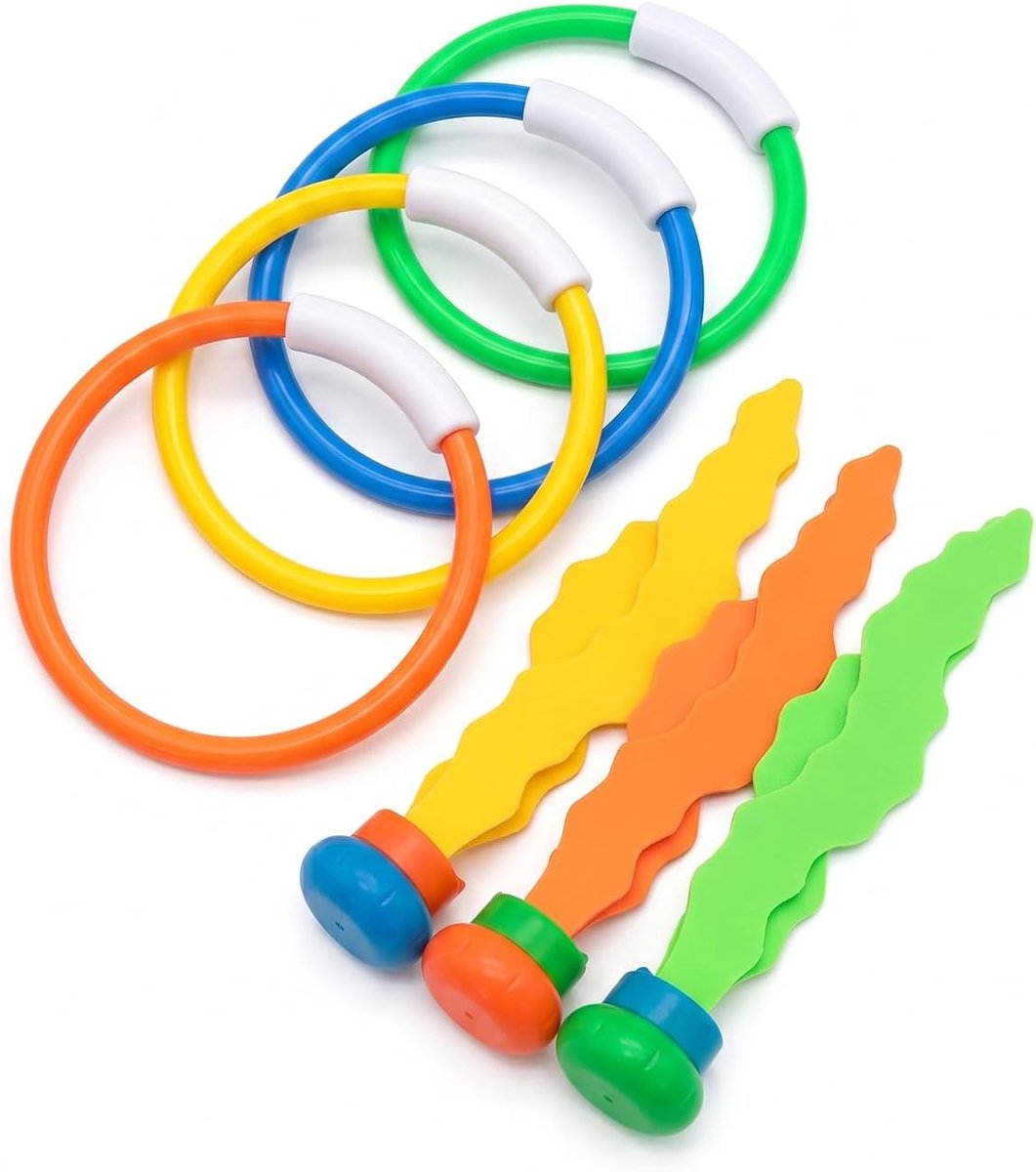 Duikringen en duikspeelgoed: 4 ringen en 3 algen, voor kinderen, levendige kleuren. Ideaal voor het leren duiken en zwembadspelen in de zomer.