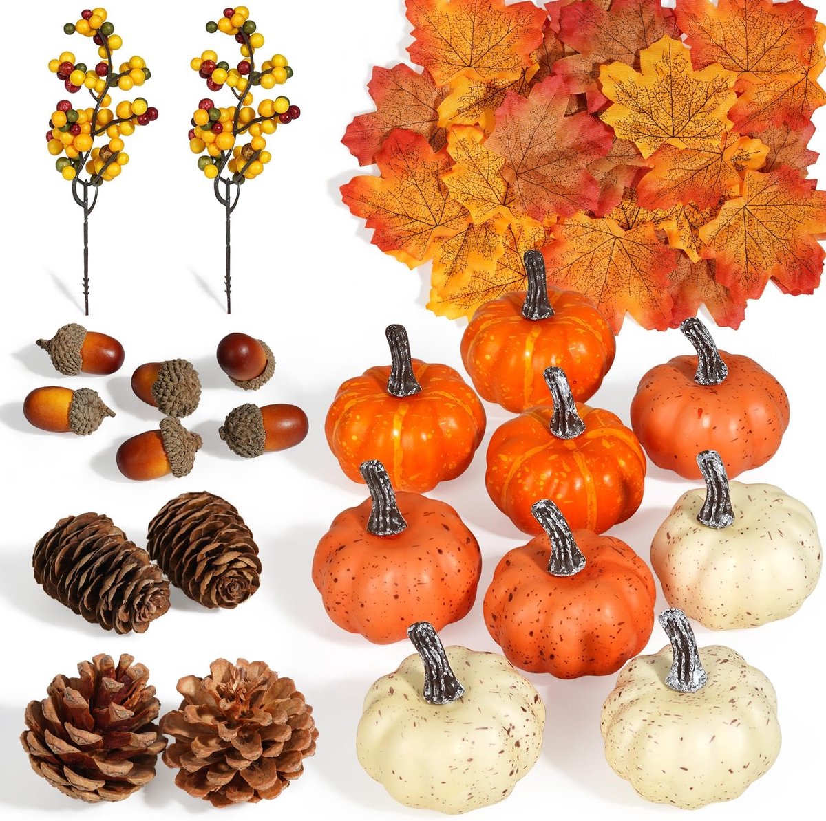 51 STUKS Kunstmatige Pompoenen, Herfstoogst Decoraties met Eikels, Dennenappels, Bessen, Esdoorn Bladeren voor Farmhouse Herfst Thanksgiving Halloween Decor Decoratie