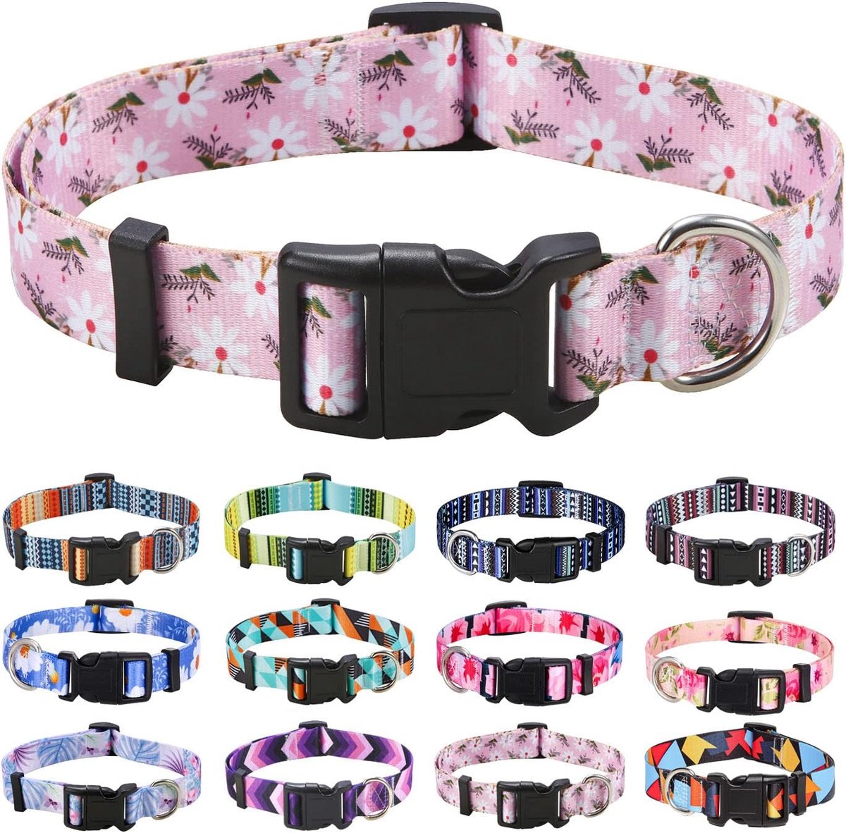 Zachte halsband voor honden, met bloemmotieven, verstelbaar, voor kleine, middelgrote of grote honden (roze/witte bloem, L)