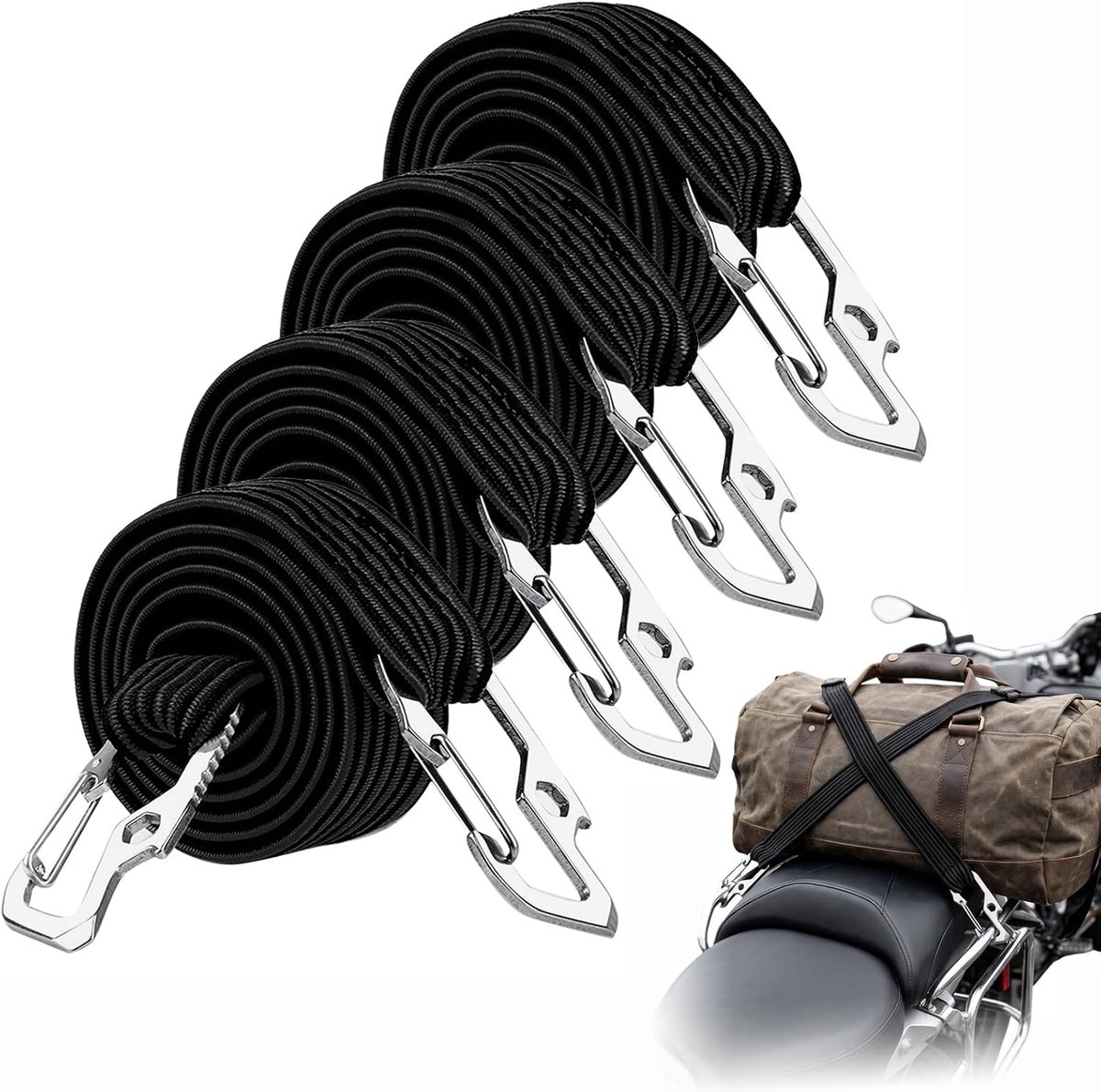 4 stuks elastische touwen met metalen haken, 1 m plat elastisch touw, bevestigingsriemen voor bagage, elastische riemen voor motorfiets, fiets, auto, camping, zwart