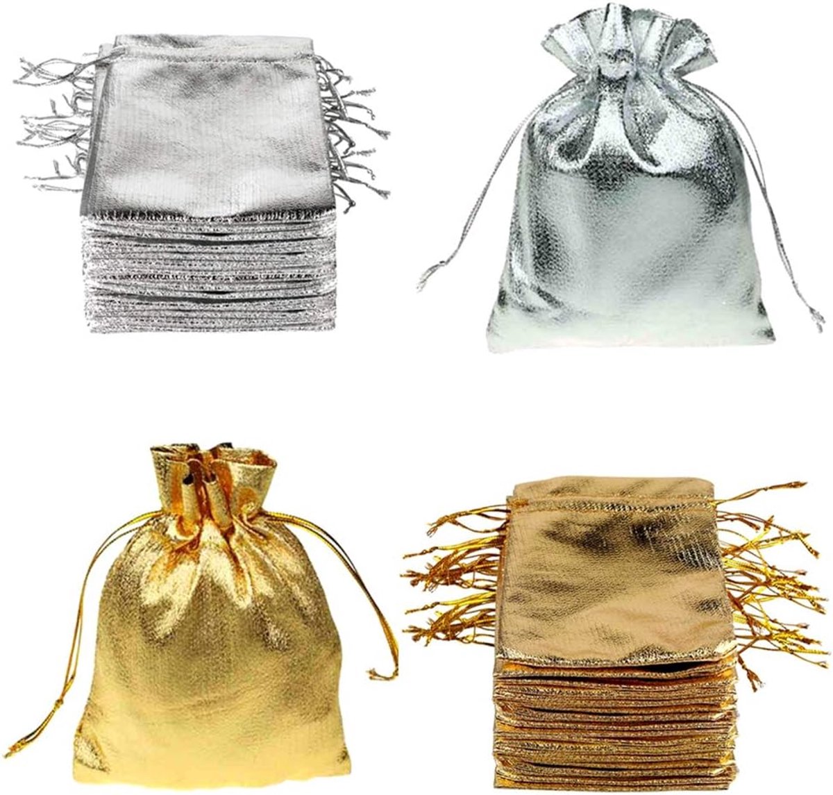 100 Packs Goud en Zilver Trekkoord Drawstring Organza Pouches Organza Zakjes Sieraden Cadeautasjes Snoep Feest Bedankjes Aanwezig Kerst Halloween Tassen (100 pcs 7 * 9CM)