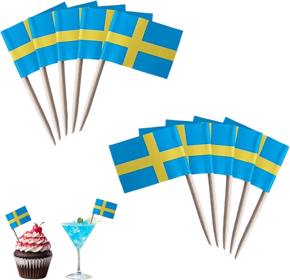 100 stuks vlaggen, spiesen, Zweedse vlag, tandenstokers, Zweedse decoratie, Zweedse decoratie, cocktailstokvlaggen, tandenstokers met vlaggetjes voor cupcake-toppers, servies, party, pub, EM WM