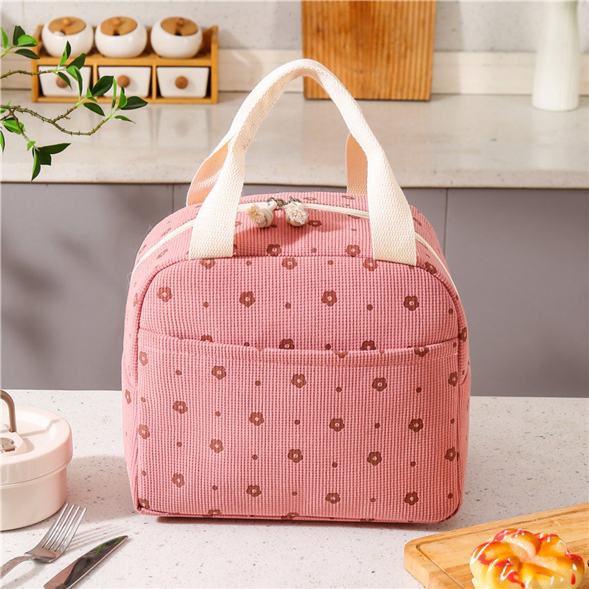 Geïsoleerde lunchtas, dameshandtas, corduroy lunchtas, universele corduroy lunchtas, geschikt voor werk, school, picknicks, enz., draagbaar en praktisch,Roze bloemen