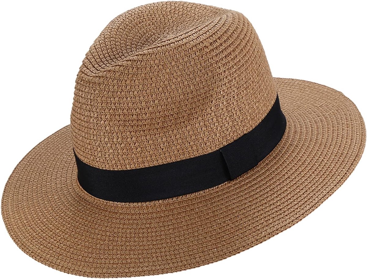 Panama hoed voor heren, met ripsband, ademend, zomer, stro, zomer, brede rand, voor reizen, vrije tijd, sport, lente, zomer, Bruin, 30-35
