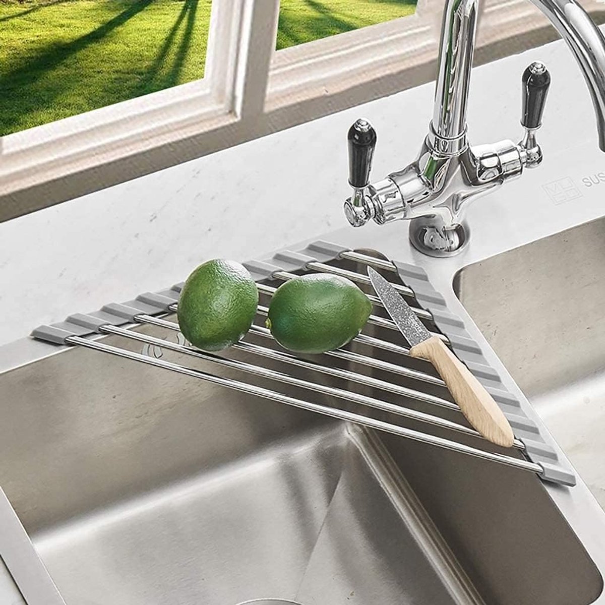 aanrecht Organizer lade en sponshouder, opvouwbare gootsteen afvoerplank, driehoekig multifunctioneel opbergrek, gootsteen sponshouder voor keuken - 304 roestvrij staal