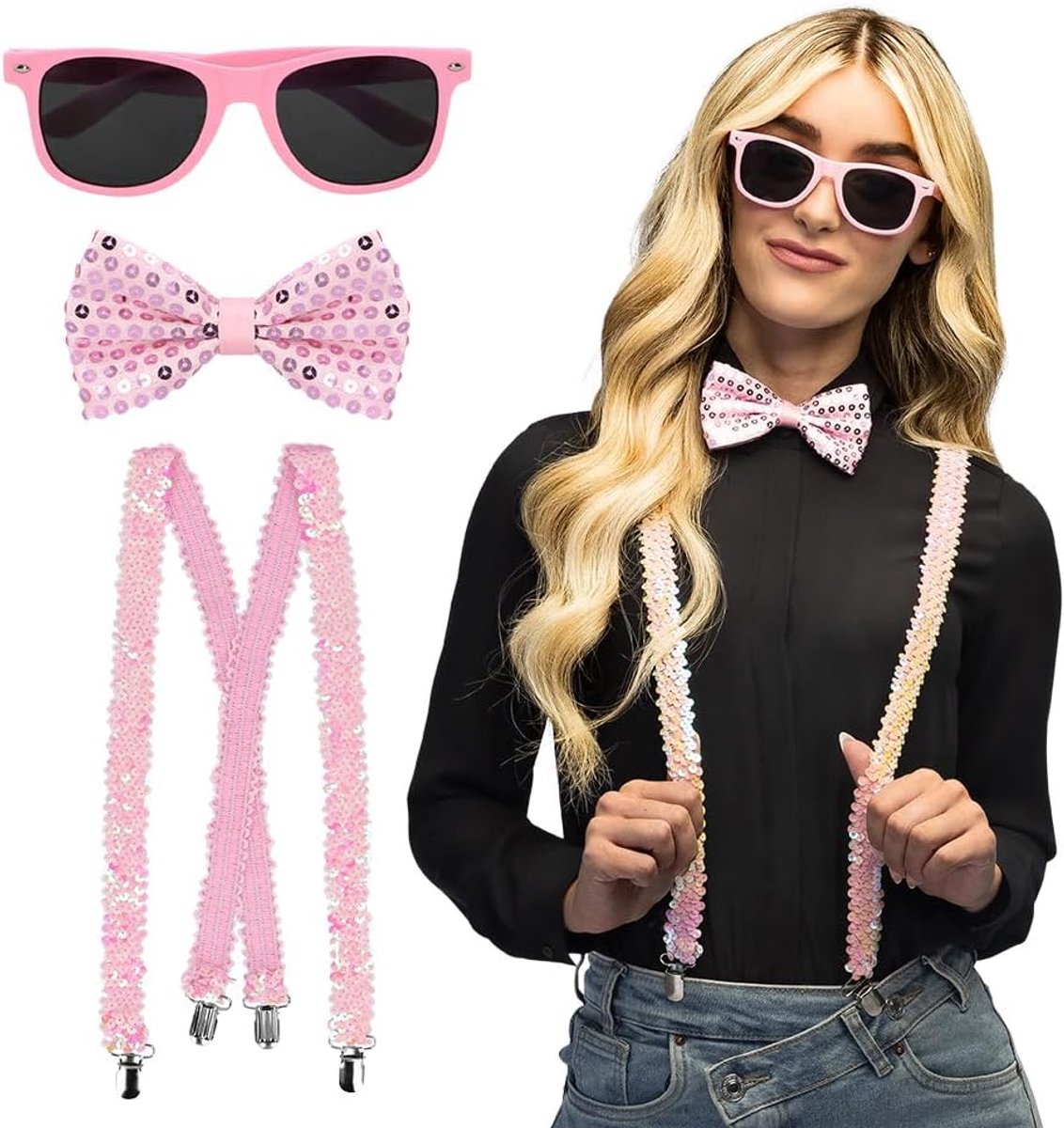 - Party Accessoireset, 3-delig | Met bril, vlinderdas en pailletten bretels voor kostuum, carnaval en themafeest