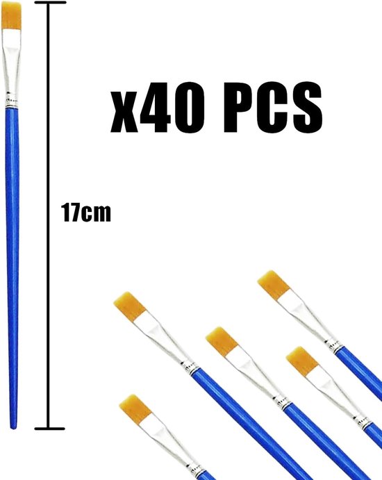 40 Blauwe staafborstels, nylon borstels, knutselborstels, platte kwasten, detailborstels, geschikt voor kinderen, beginnende schilders — afbeelding 5