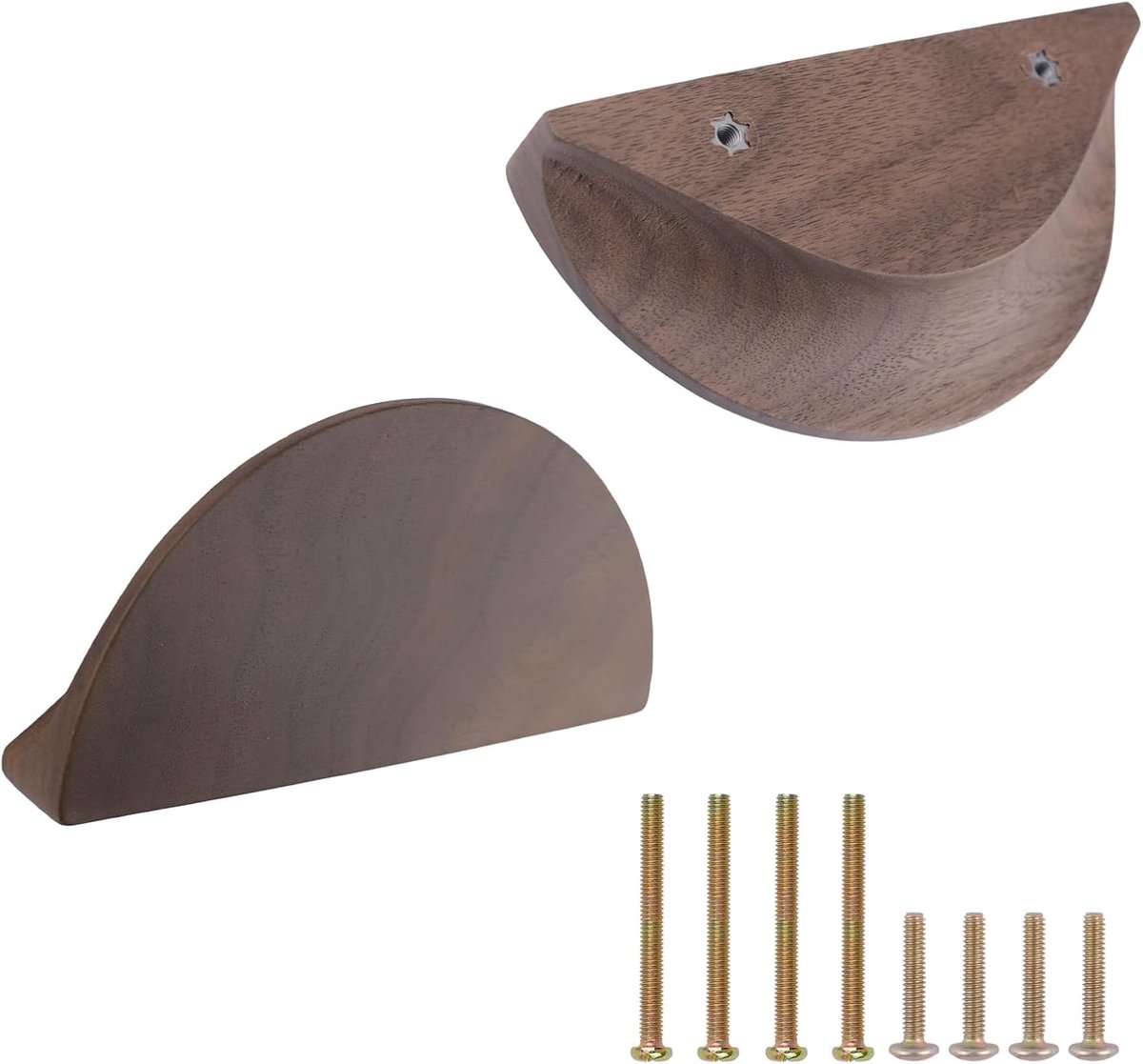 Halve maan ladehandgrepen, 2 stuks houten halve cirkelknop walnoothout grote vingerrand trekt handgrepen dubbel gat handvat voor lade kast kledingkast hardware/120 mm