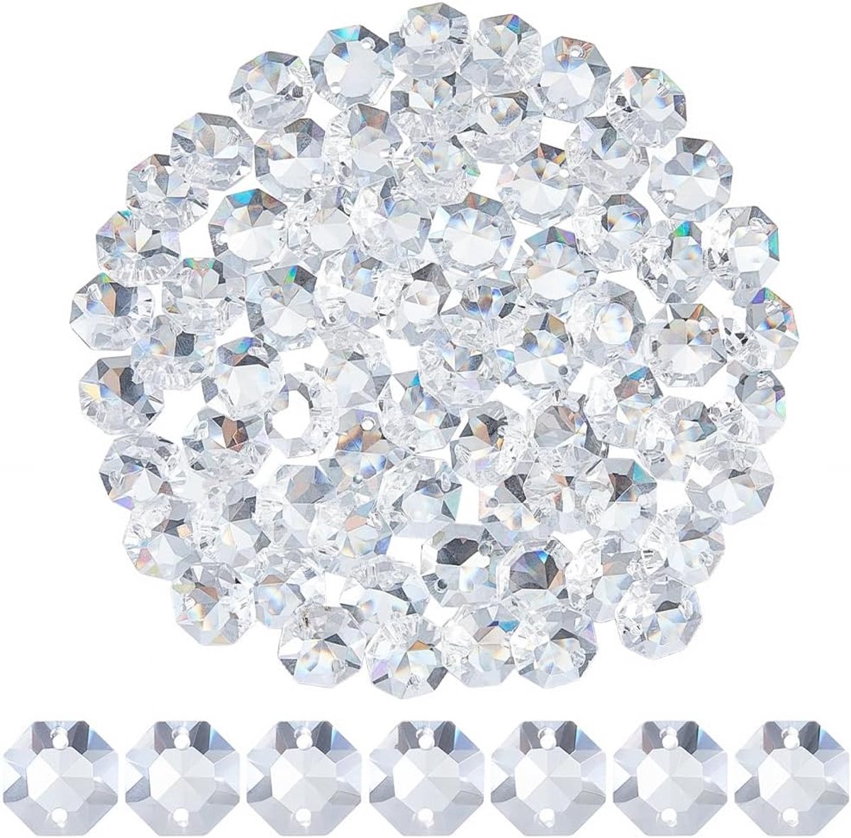 1 doos met 80 achthoekige kralen, 2 gaten, transparante glaskralen, 14 mm, zonnevanger, glasprismen, reservestekker voor kroonluchter, afstandhouder, gefacetteerde hangers voor