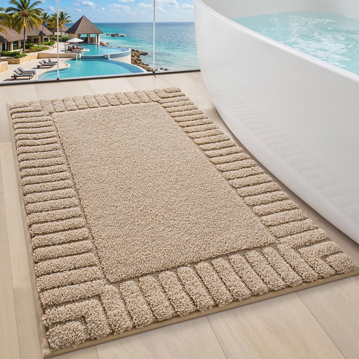 Badmat Antislip Douchemat, Absorberende Badkamermat van Zachte Microvezel, Wasbaar en Sneldrogend, Badkamer Tapijt met Rubber Onderkant voor Douche en Bad, Beige, 60 x 90 cm