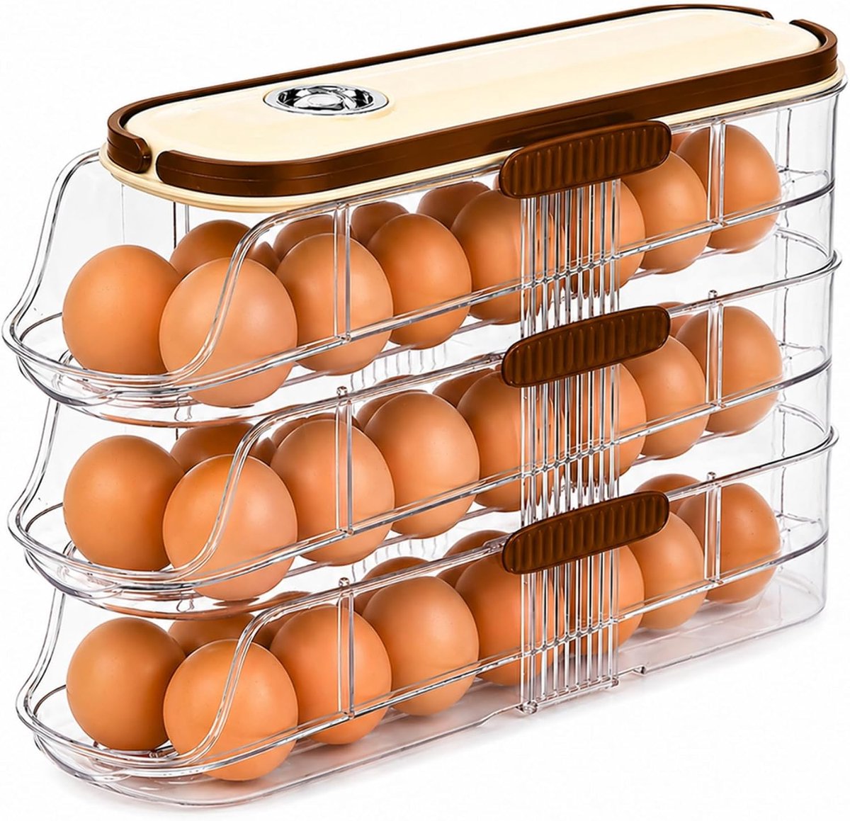 Eierdoos voor Koelkast met Automatische Dispenser, Egg Trays, Eierhouder 3 Lagen Dubbele Capaciteit, Ruimtebesparend, Transparant en Stapelbaar. Geschatte Capaciteit voor 42 Eieren